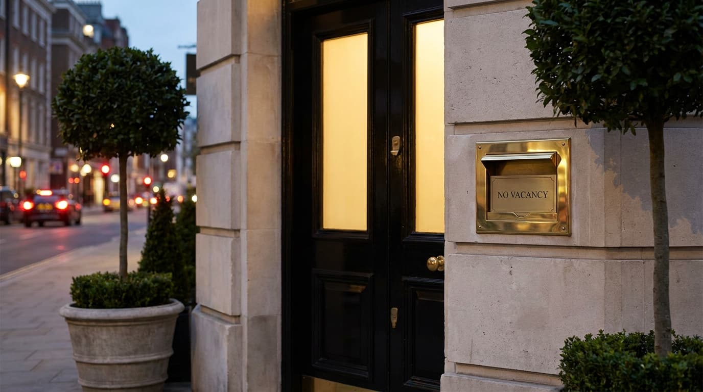 A brass No Vacancy plate beside the door of a metropolitan boutique hotel